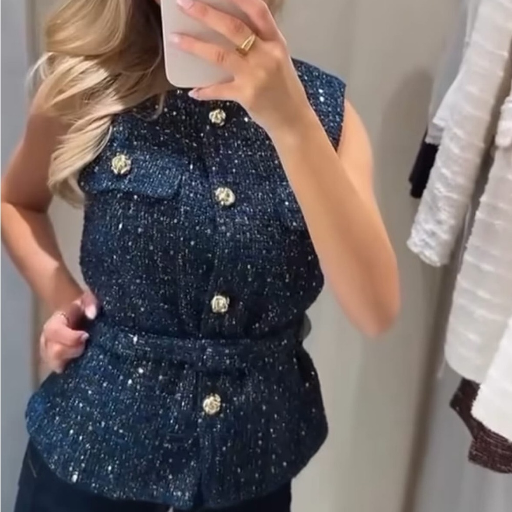 Zara Navy Sparkle Tweed Sleeveless Top with Gold Buttons